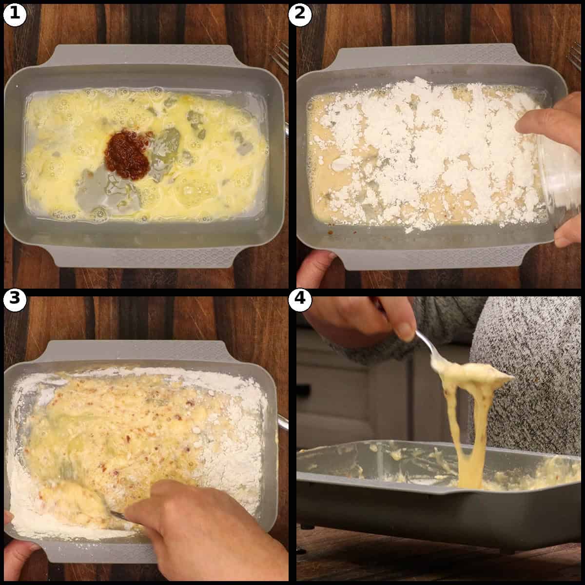 Step-by-step graphic with four panels showing the wet batter for General Tso's chicken being mixed, beginning with eggs and seasoning in a tray, flour added, then stirred into a smooth batter.