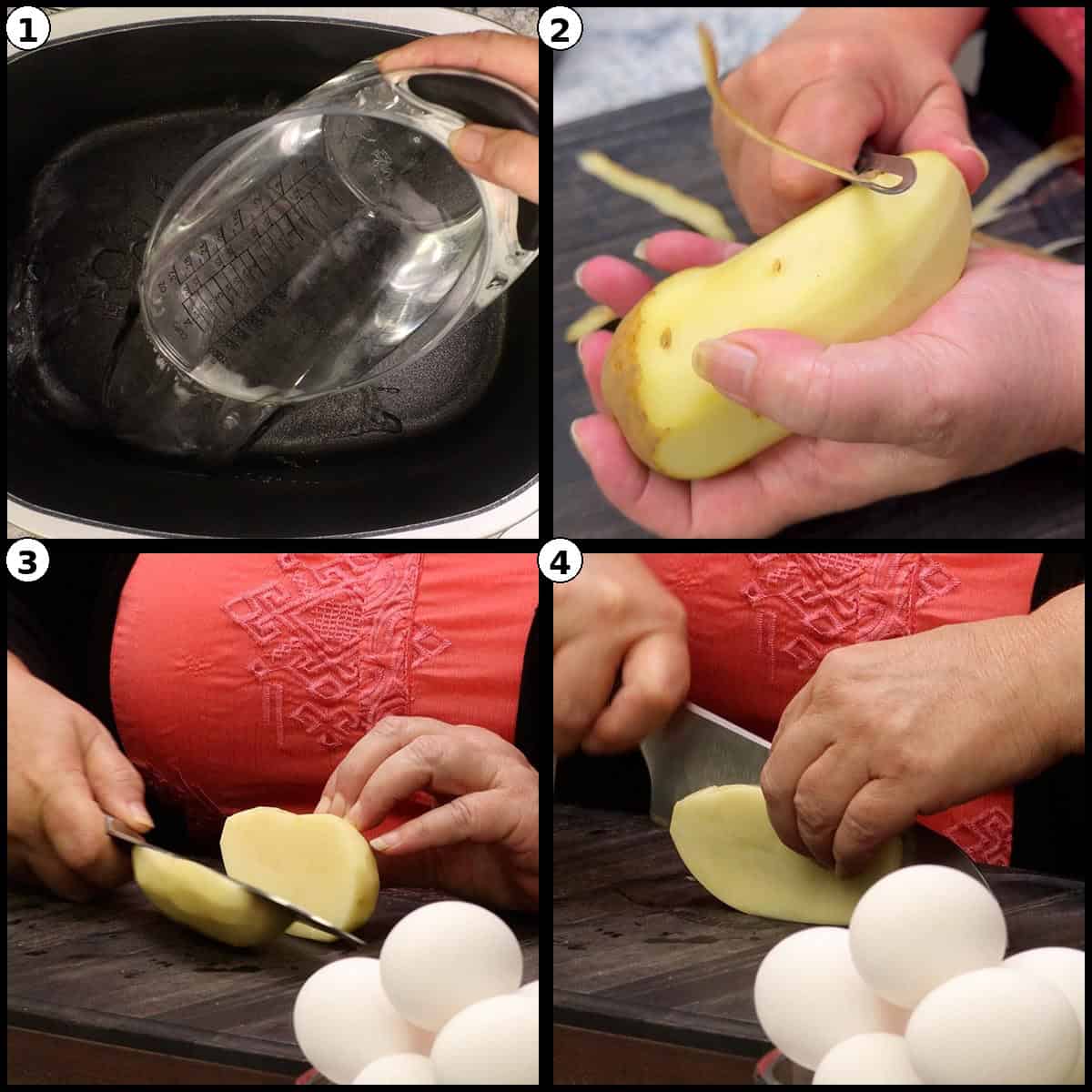 Numbered four panel step by step graphic for Deviled Egg Potato Salad showing water poured into a pot, a potato being peeled, and the potato sliced, with raw eggs resting on the counter.