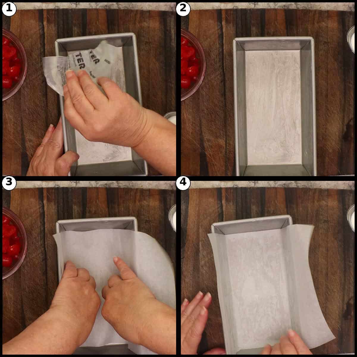 Step by step graphic for prepping the loaf pan for Cherry Bread. Panel 1, greasing the pan with butter. Panel 2, fitting parchment paper to the bottom with handles up the long sides. Panel 3, the lined pan ready for batter. Panel 4, an overhead view of the prepared loaf pan.