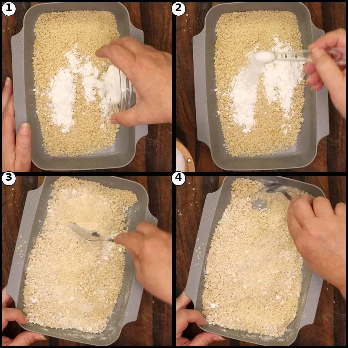 Step-by-step graphic with four panels showing the dry breading for General Tso's chicken being mixed, with cornstarch stirred into panko crumbs in a tray by hand and spoon.