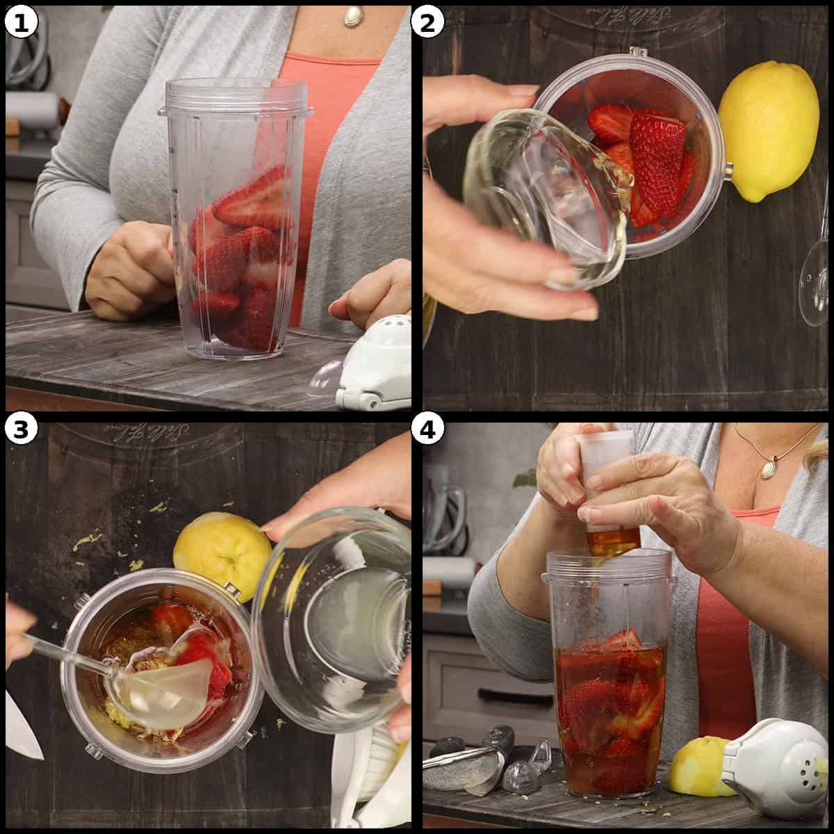 Four panel step by step photo collage showing how to load the blender cup for strawberry vinaigrette dressing: 1) hulled fresh strawberries in a clear blender cup, 2) more strawberries being added with a lemon nearby, 3) lemon juice and zest poured into the cup, 4) the lid being secured on the loaded blender cup.
