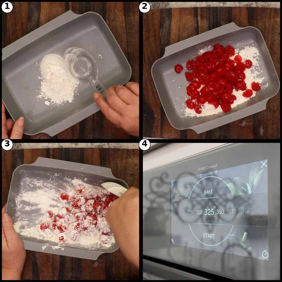 Step by step graphic showing how to coat cherries in flour for Cherry Bread. Panel 1, draining the maraschino cherries. Panel 2, halving the cherries on a cutting board. Panel 3, tossing the halved cherries with reserved flour. Panel 4, the oven preheated to 325 degrees.