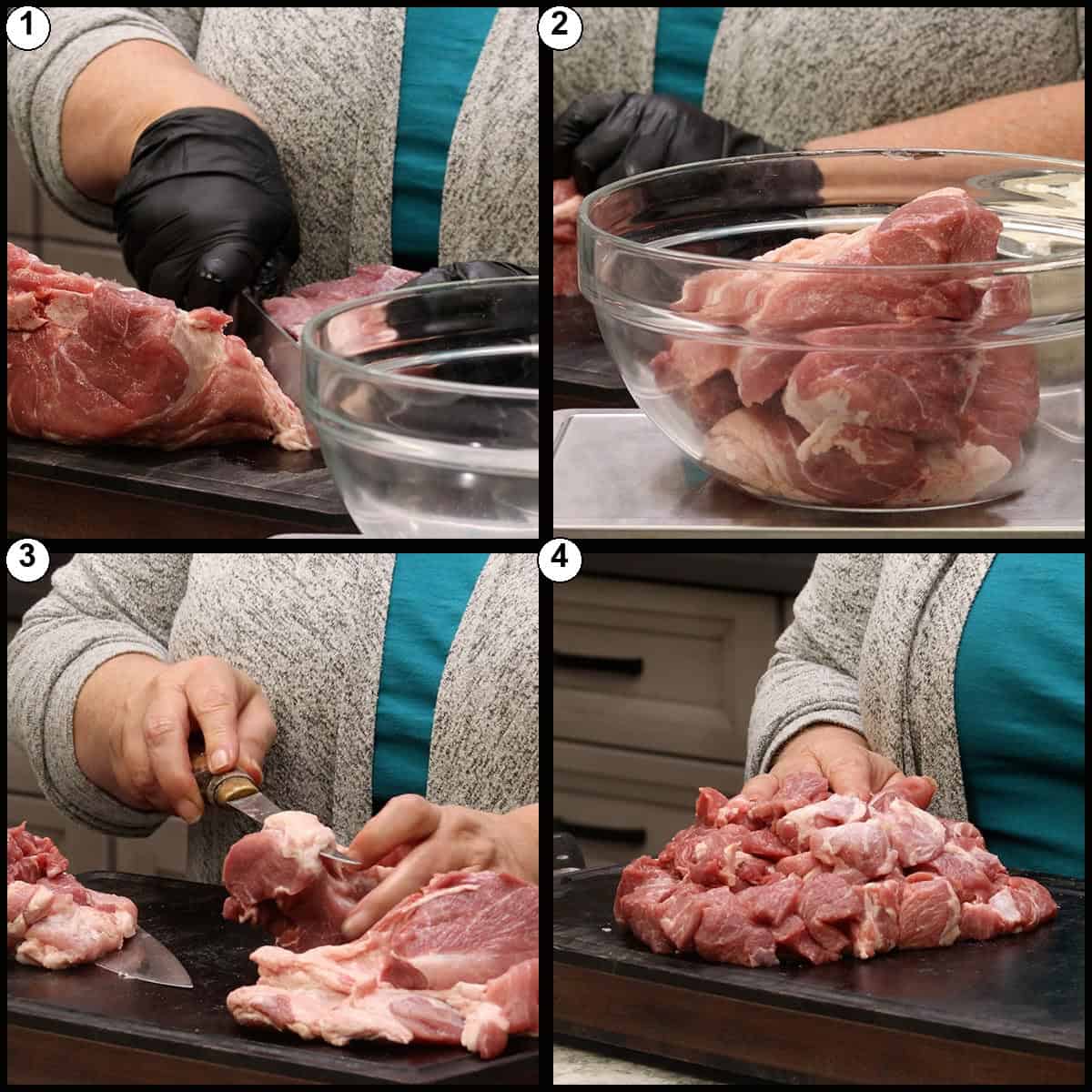 Numbered collage showing the pork being cut off the bone and trimmed into 1½ to 2 inch cubes