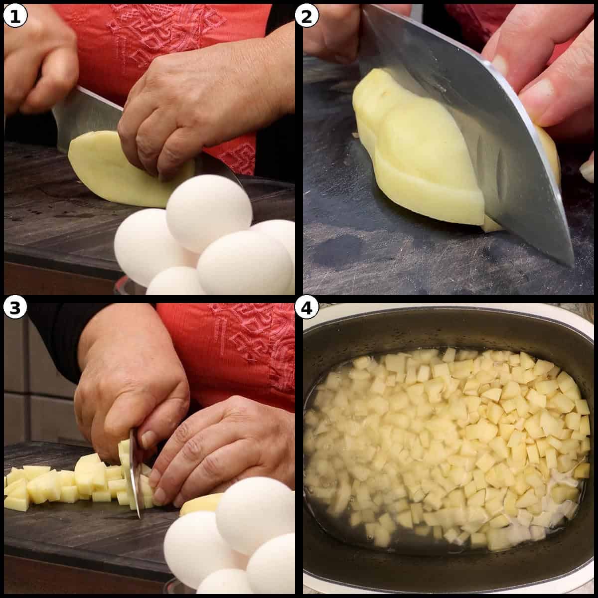 Numbered four panel step by step graphic showing potatoes sliced and diced into cubes, then the cubed potatoes added to a pot of water for the Deviled Egg Potato Salad.