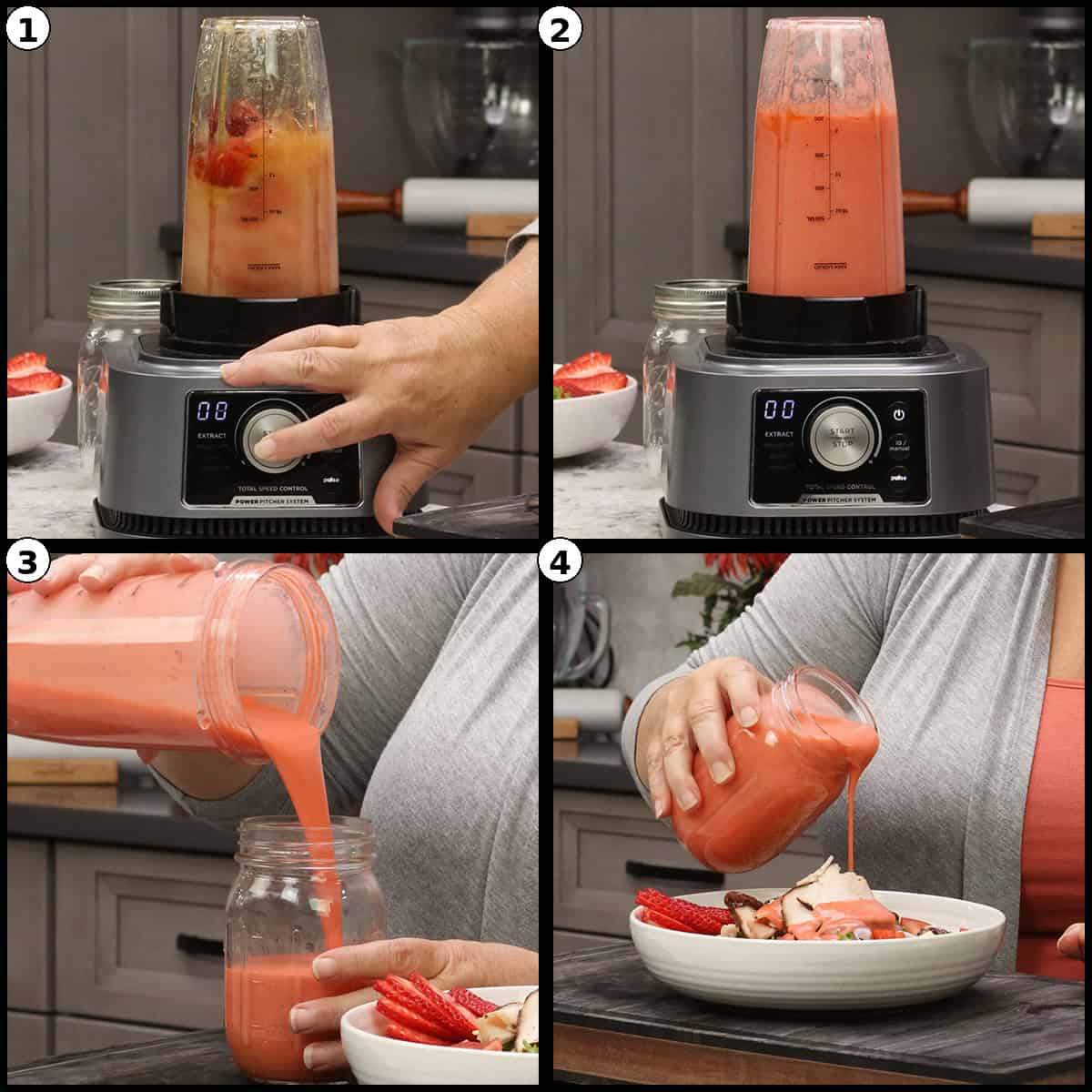 Four panel step by step photo collage showing how to blend and serve strawberry vinaigrette dressing: 1) strawberry mixture in the blender, 2) blended bright pink dressing on the base, 3) finished dressing being poured into a clear mason jar, 4) the dressing drizzled over a fresh green salad.