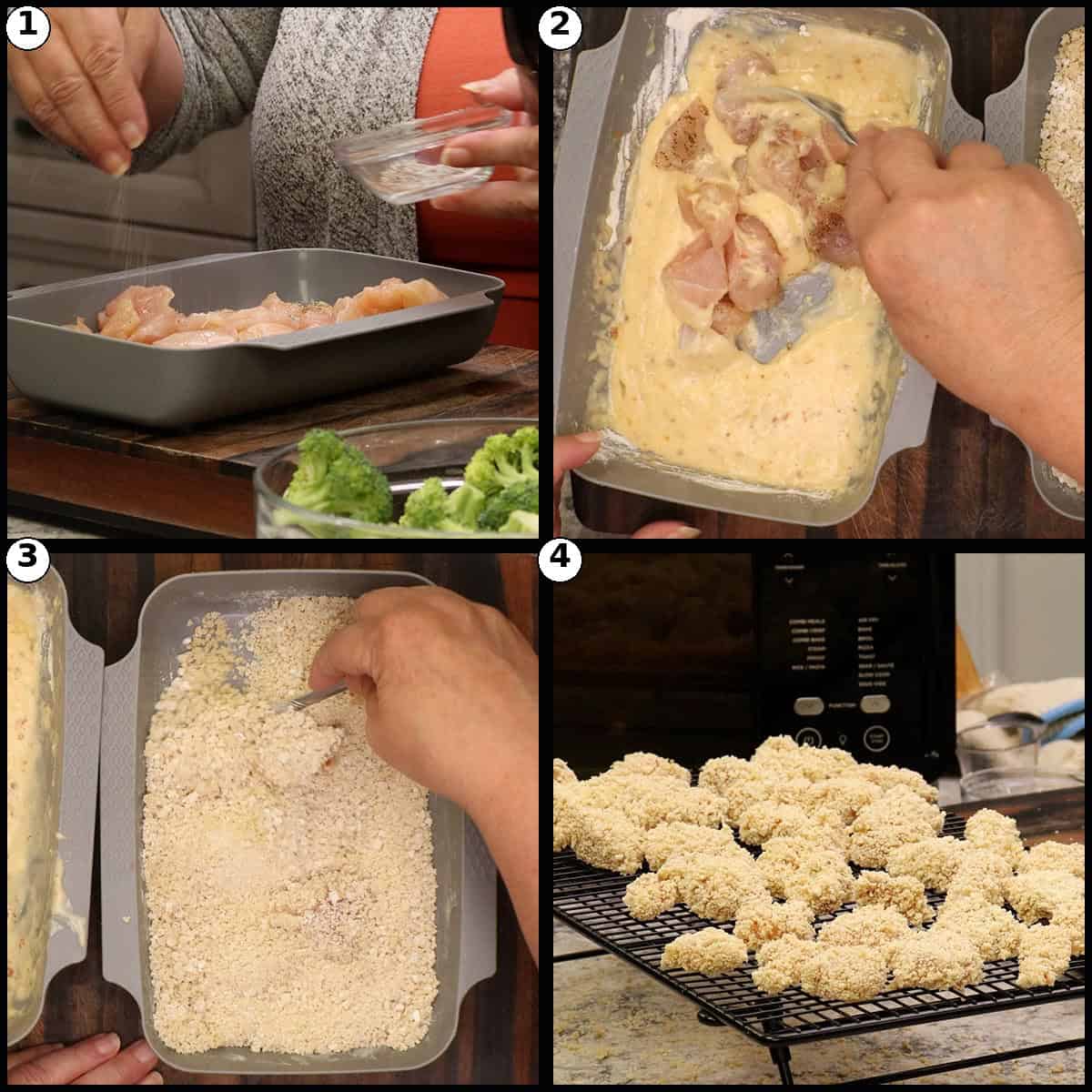 Step-by-step graphic with four panels showing chicken pieces being seasoned, dipped in wet batter, coated in dry breading, then arranged on a wire rack for General Tso's chicken.