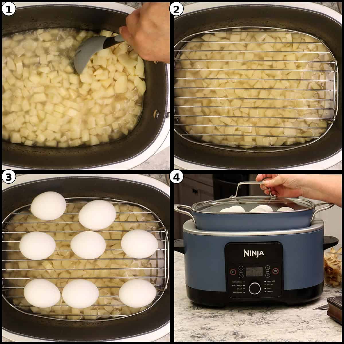 Numbered four panel step by step graphic showing cubed potatoes stirred in the pot, a steaming rack set over them, eggs arranged on the rack, and the lid on the blue Ninja cooker for the Deviled Egg Potato Salad.