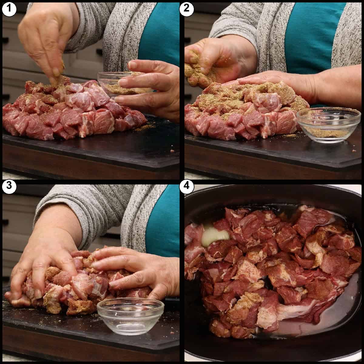 Numbered collage showing the cubed pork being sprinkled with the cumin, salt, and pepper seasoning blend and rubbed in