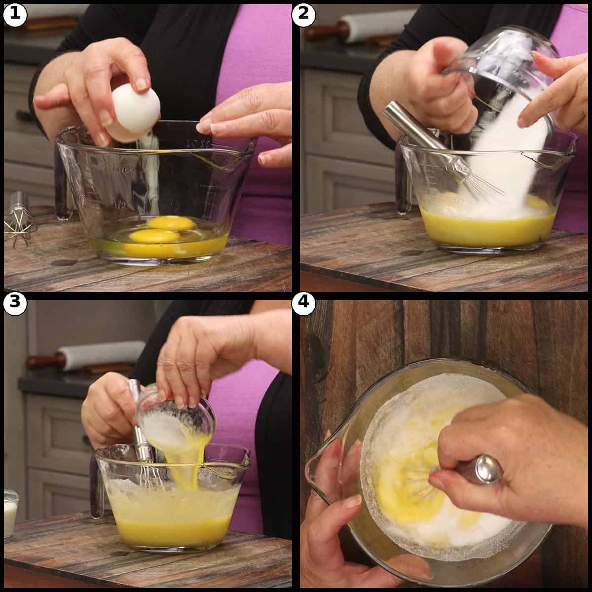 Step by step graphic for whisking eggs, sugar, butter, and oil for Cherry Bread. Panel 1, eggs in a medium bowl. Panel 2, granulated sugar added. Panel 3, melted butter and oil whisked in. Panel 4, the smooth wet base ready for the rest of the wet ingredients.