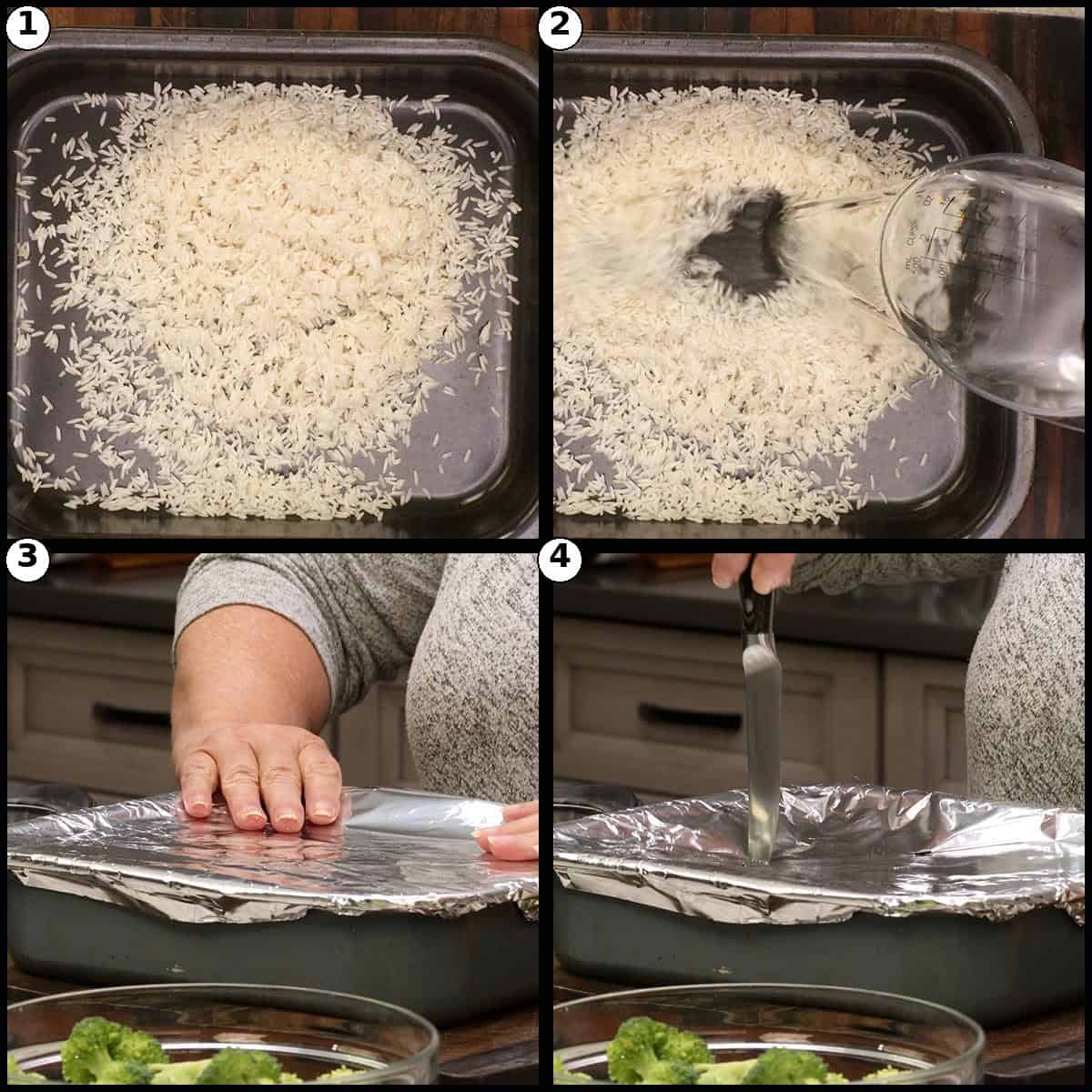 Step-by-step graphic with four panels showing rice spread in a Ninja Combi pan, water poured over it, then the pan covered with foil and pierced to vent.
