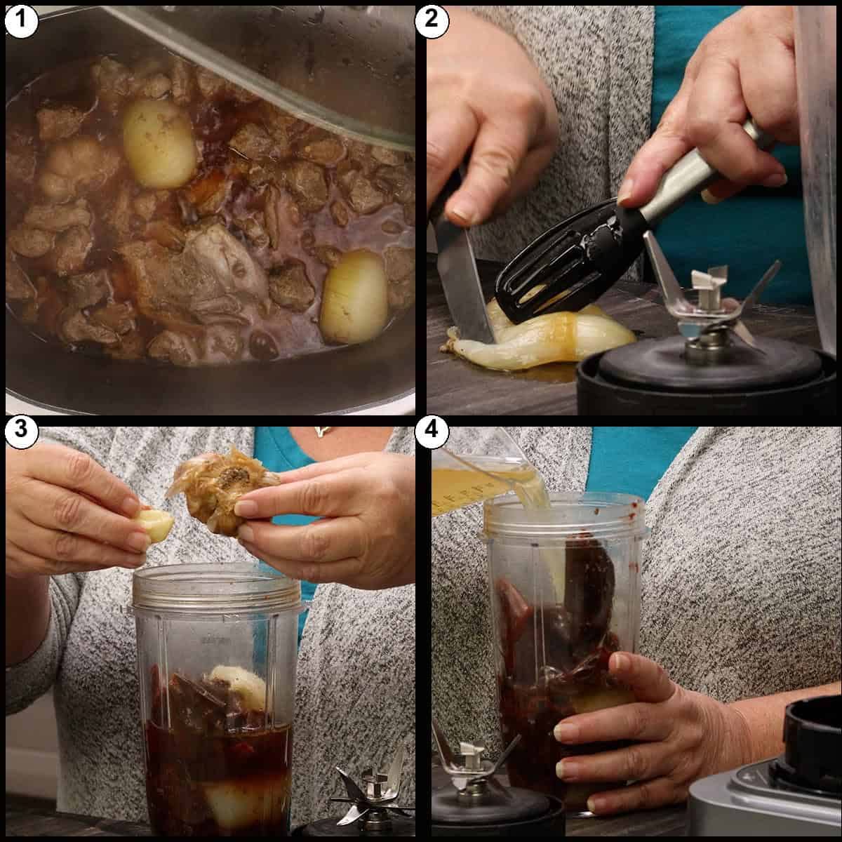 Numbered collage showing the cooked onion, garlic, and chiles being added to the blender with cold chicken broth