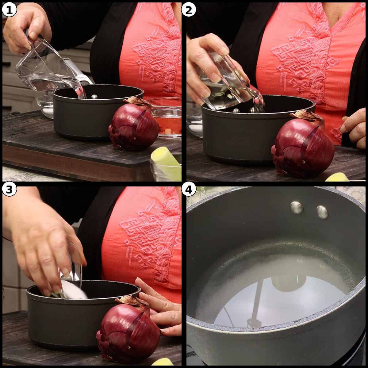 Numbered four panel step by step graphic showing water and seasonings added to a saucepan with a red onion to make the pickling liquid for the Deviled Egg Potato Salad.
