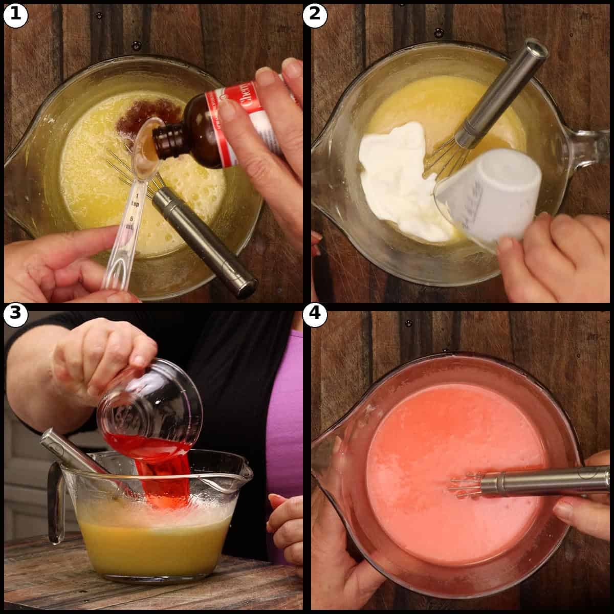 Step by step graphic for the remaining wet ingredients in Cherry Bread. Panel 1, half and half added. Panel 2, vanilla extract and cherry baking emulsion added. Panel 3, maraschino cherry juice poured in. Panel 4, the finished pink wet mixture whisked smooth.