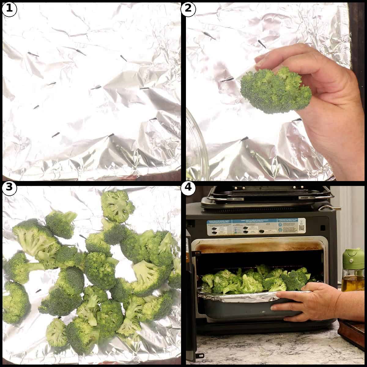 Step-by-step graphic with four panels showing broccoli florets placed on top of the foil-covered rice and the Ninja Combi pan being slid into the appliance.