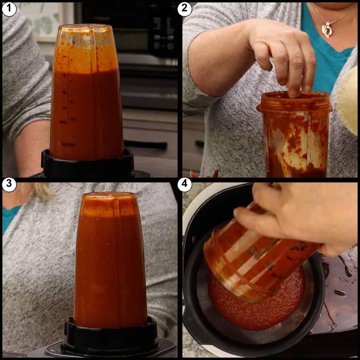 Numbered collage showing torn corn tortillas added to the blender and the chile sauce being blended smooth