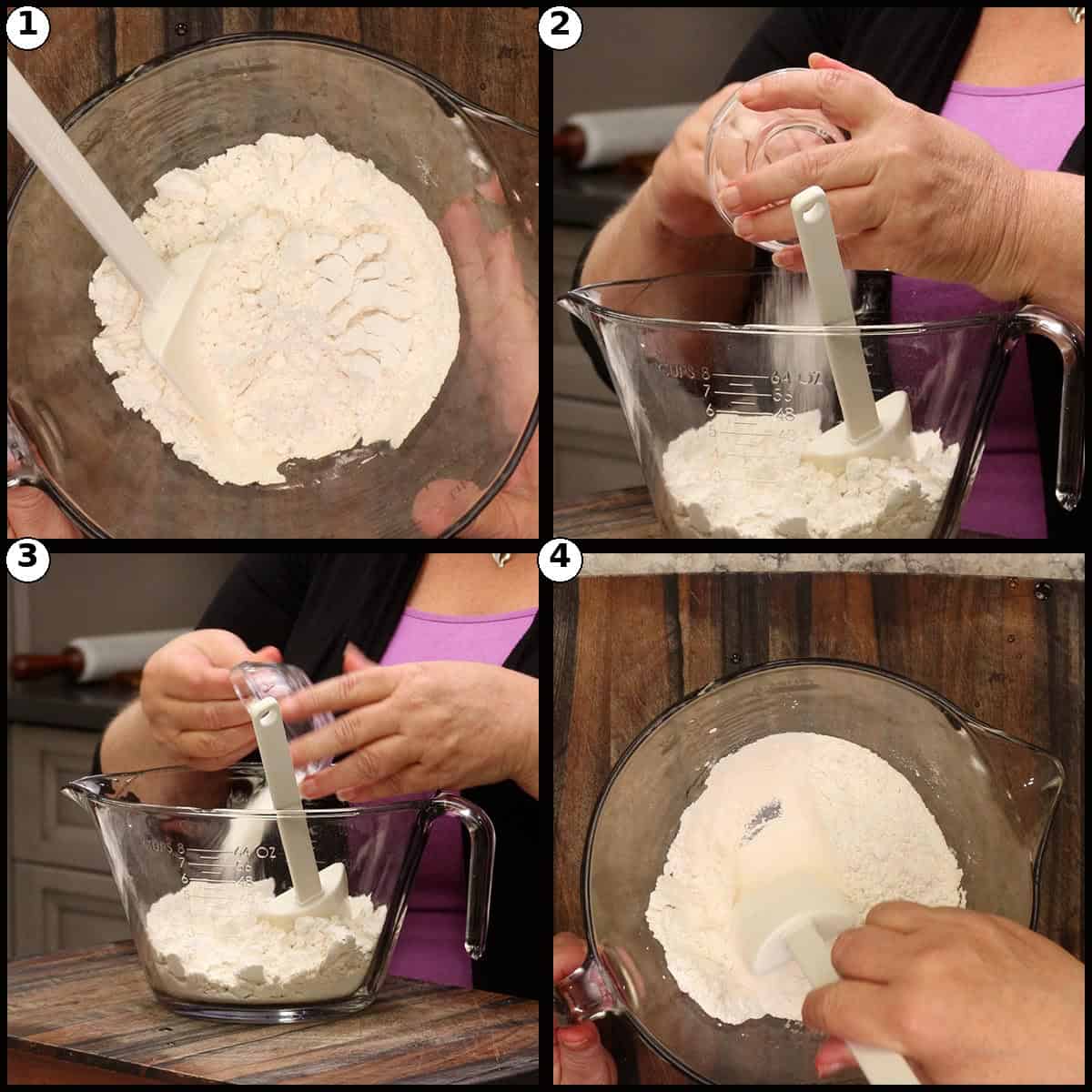 Step by step graphic for mixing the dry ingredients for Cherry Bread. Panel 1, flour in a large mixing bowl. Panel 2, salt added. Panel 3, baking powder added. Panel 4, the dry ingredients whisked together evenly.