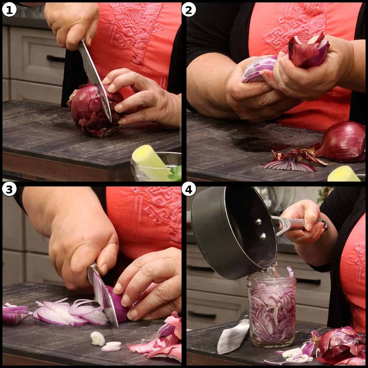 Numbered four panel step by step graphic showing a red onion halved and sliced thin, then packed into a jar and covered with hot pickling liquid for the Deviled Egg Potato Salad.