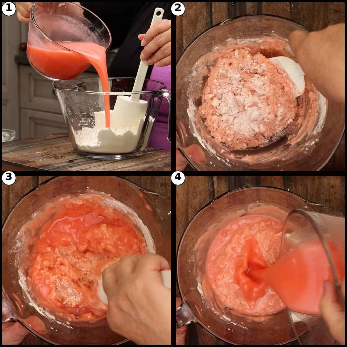 Step by step graphic for combining wet and dry ingredients into Cherry Bread batter. Panel 1, the first third of the wet ingredients added. Panel 2, gently folding with a spatula. Panel 3, the second and third additions folded in. Panel 4, the rested wet batter set aside before the cherries are added.