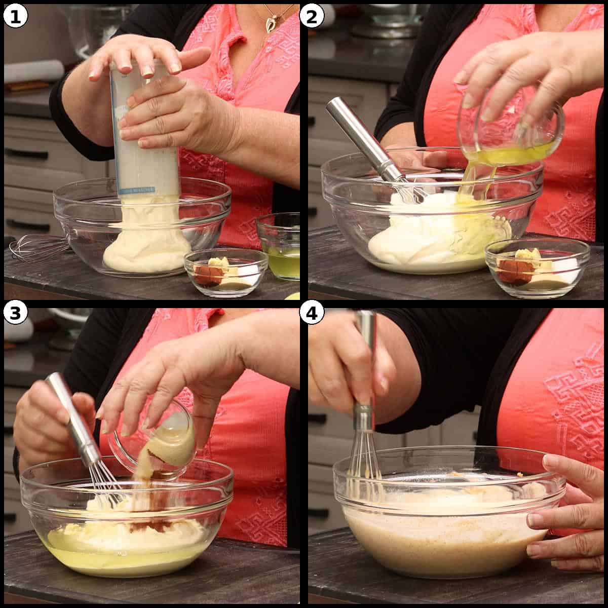 Numbered four panel step by step graphic showing mayonnaise, egg, mustard and seasonings whisked together in a glass bowl to make the dressing for the Deviled Egg Potato Salad.