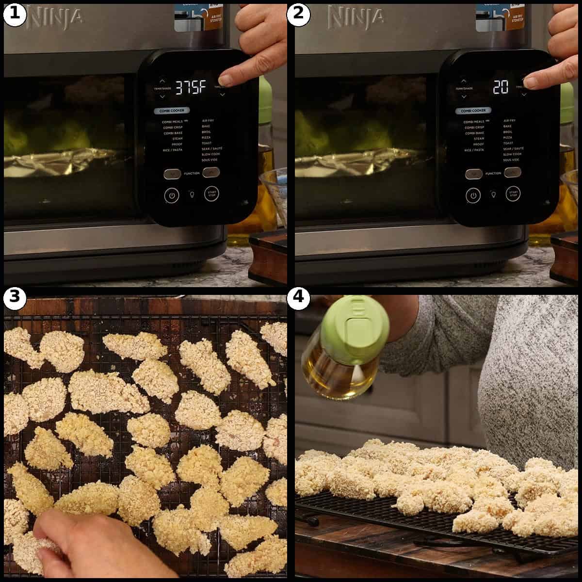 Step-by-step graphic with four panels showing the Ninja Combi set to temperature and time, breaded chicken arranged on the cooking rack, then spritzed with oil.
