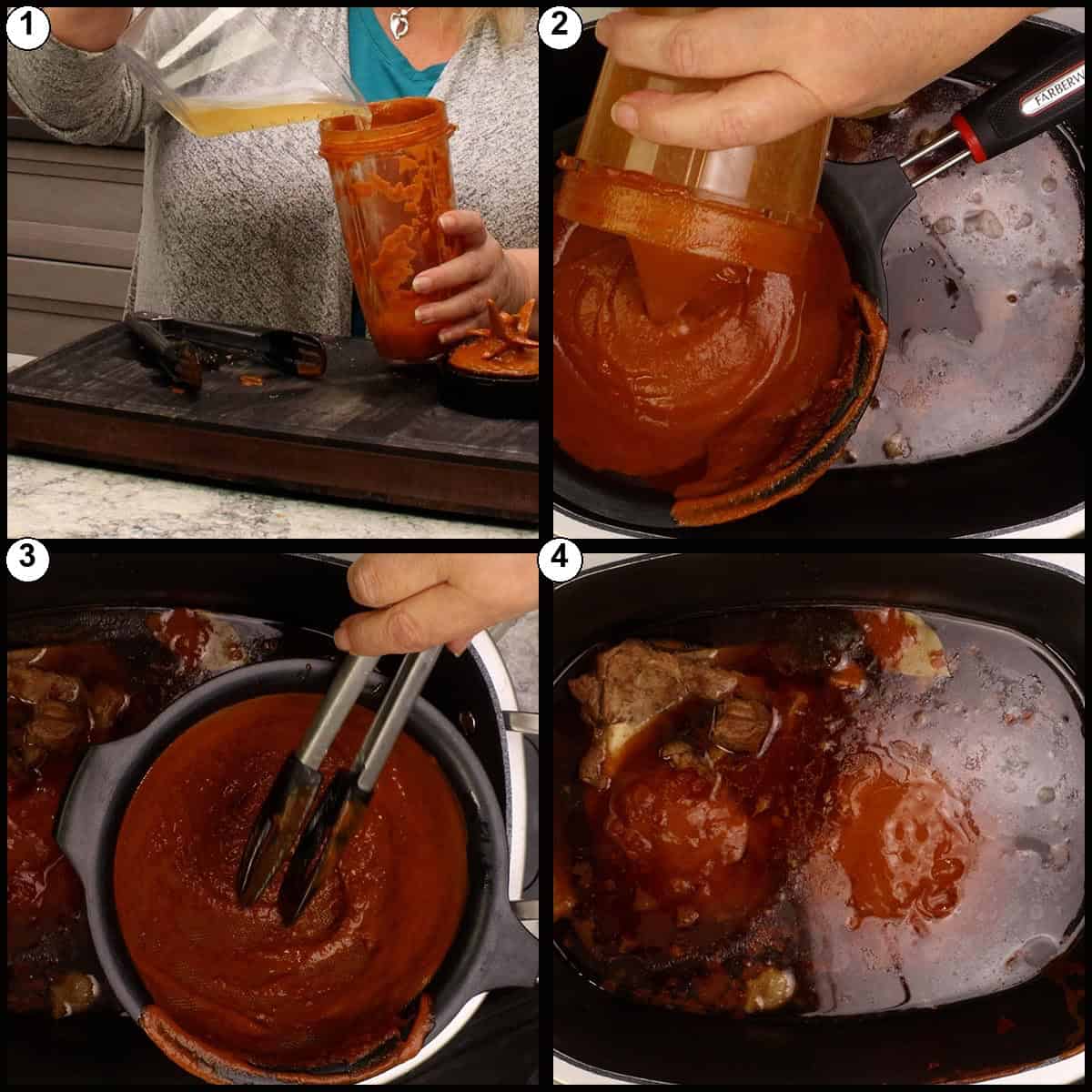 Numbered collage showing the blended red chile sauce being strained through a fine mesh strainer back into the pot