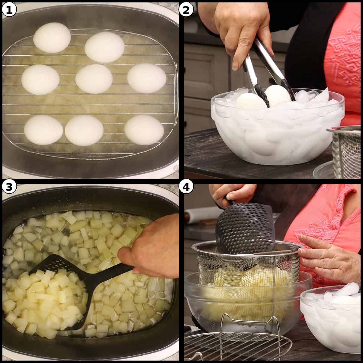 Numbered four panel step by step graphic showing cooked eggs lifted onto a rack, chilled in an ice bath, and the cooked potatoes drained in a strainer for the Deviled Egg Potato Salad.