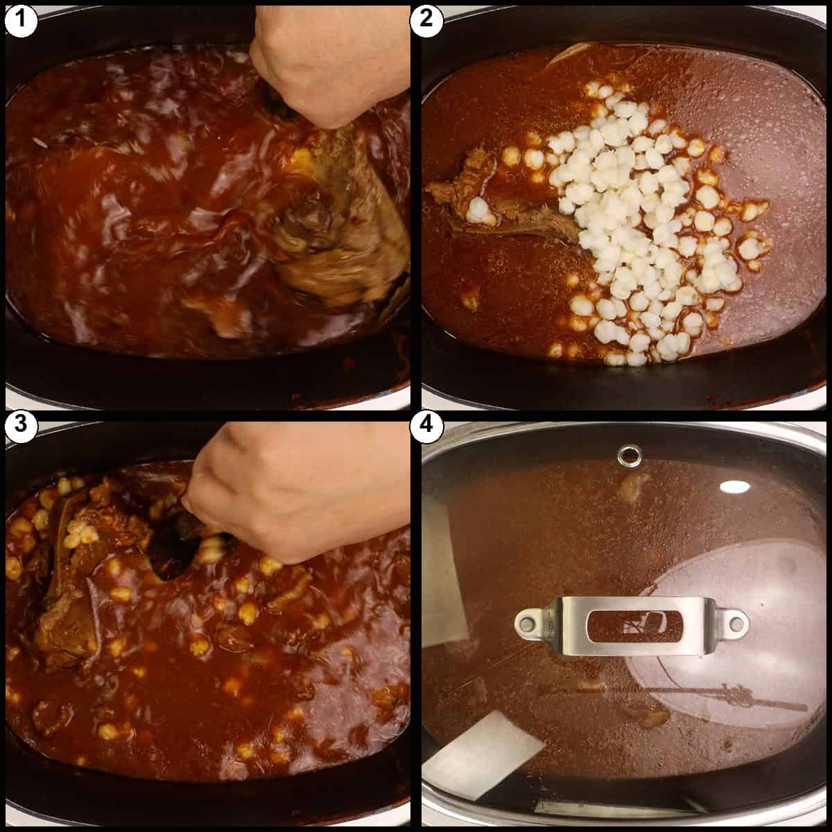 Numbered collage showing the drained white hominy and bay leaves being added to the pot