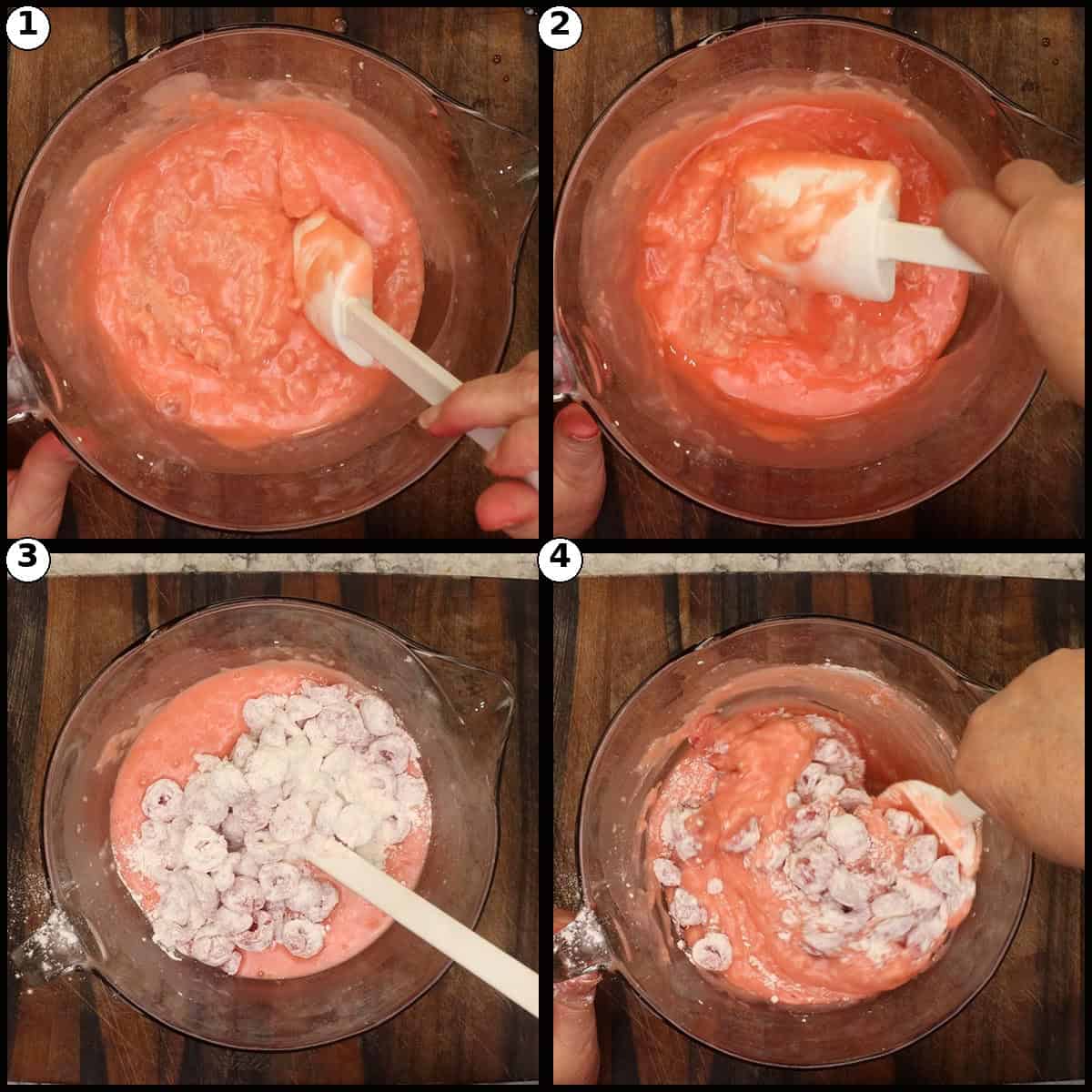 Step by step graphic for folding flour coated cherries into Cherry Bread batter. Panel 1, floured cherries poured into the rested batter. Panel 2, gently folding the cherries through. Panel 3, an overhead shot of the cherries evenly distributed. Panel 4, the finished pink batter ready for the pan.