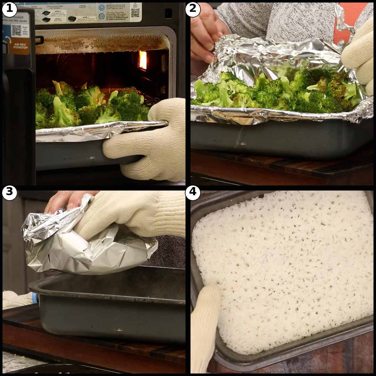 Step-by-step graphic with four panels showing the cooked rice and broccoli pan removed from the Ninja Combi, the foil lifted away, and fluffy steamed rice underneath.