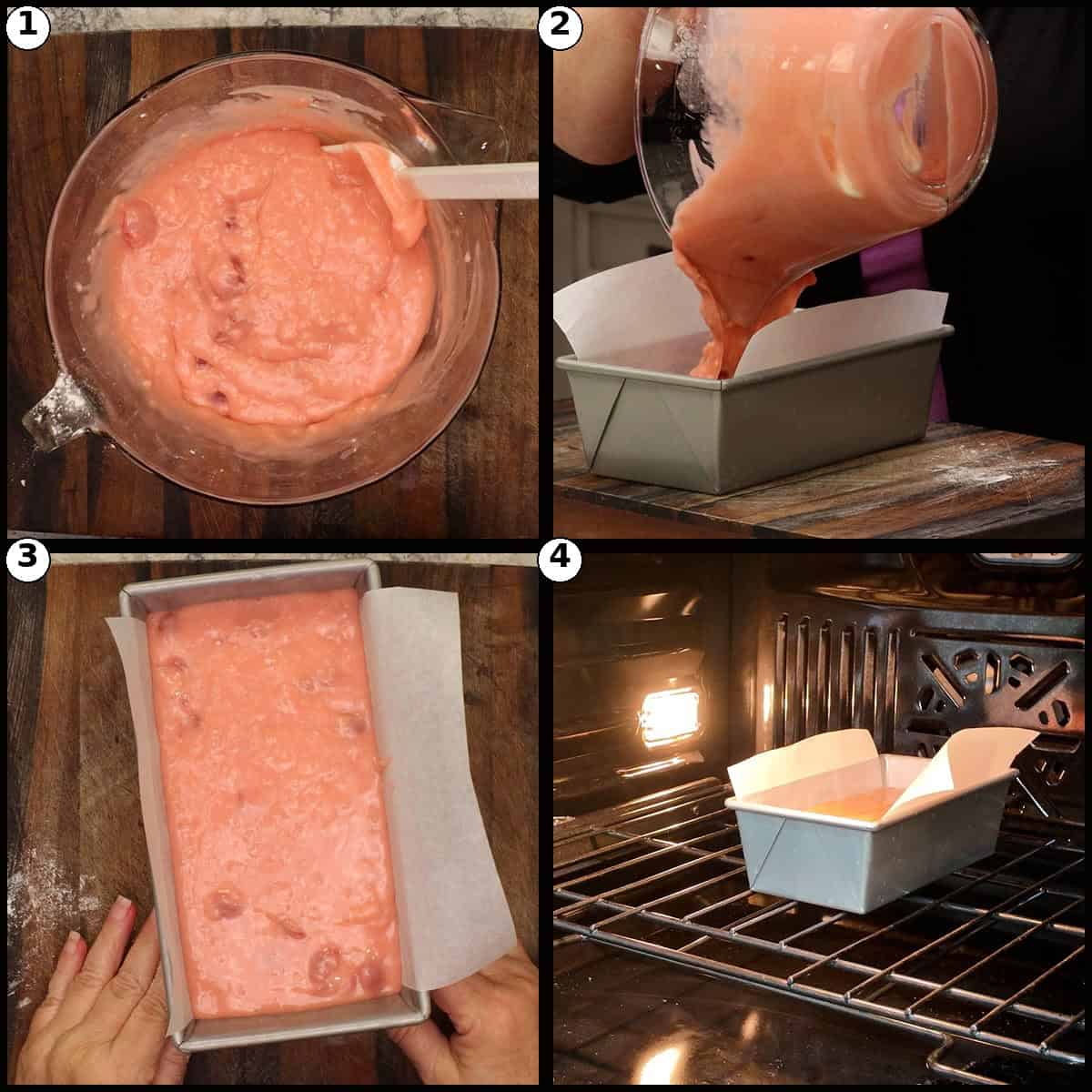 Step by step graphic for transferring Cherry Bread batter into the loaf pan. Panel 1, scraping the batter from the bowl. Panel 2, smoothing the top with a spatula. Panel 3, the filled loaf pan ready to bake. Panel 4, the pan placed on the middle rack of the oven.