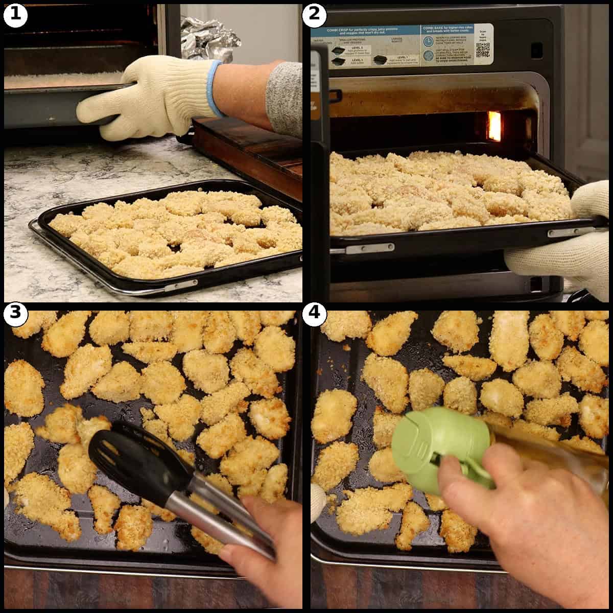 Step-by-step graphic with four panels showing breaded chicken bites cooked in the Ninja Combi until golden brown, flipped with tongs, and spritzed with oil.