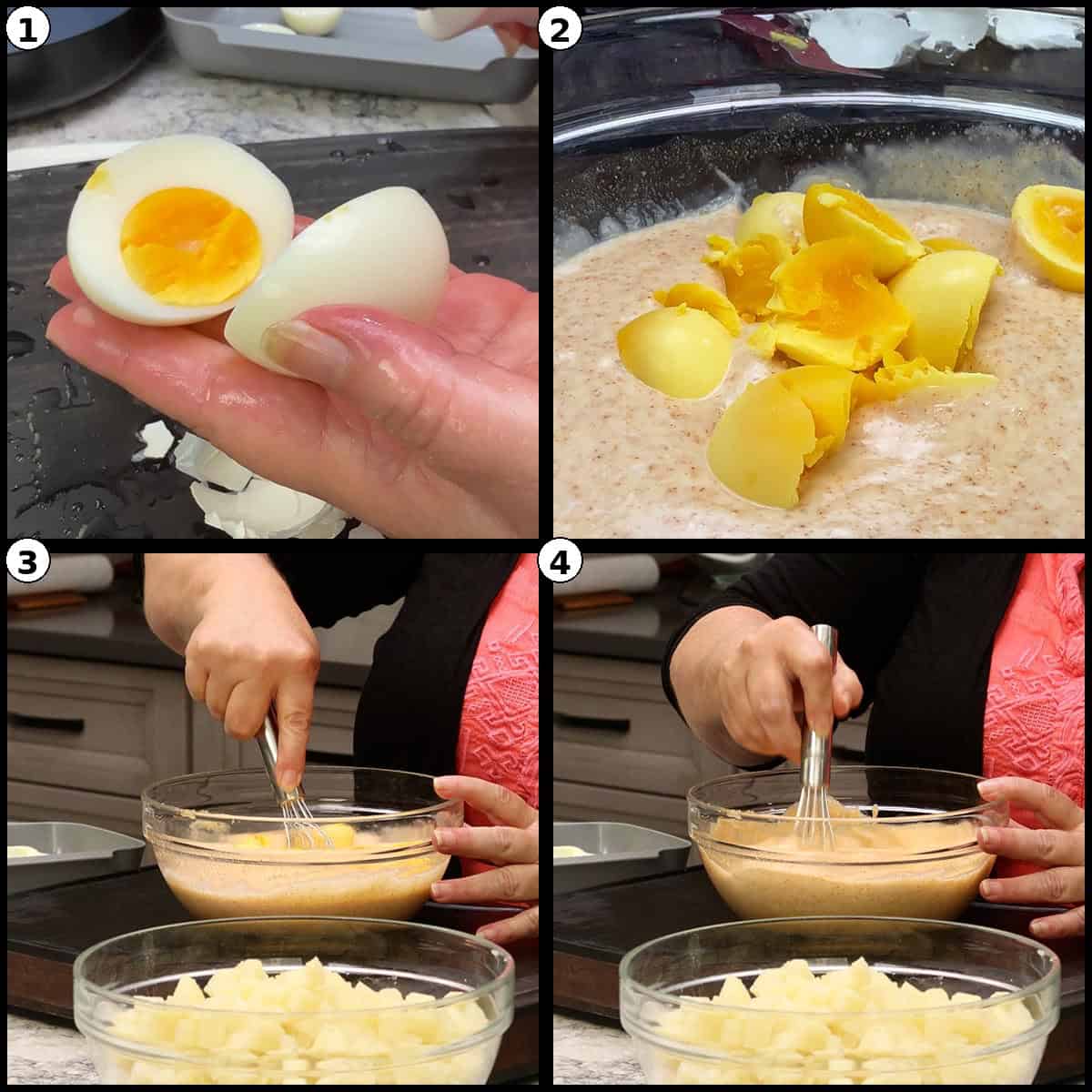 Numbered four panel step by step graphic showing a peeled hard cooked egg cut open, the yolks added to the dressing, and the dressing whisked smooth beside a bowl of cubed potatoes for the Deviled Egg Potato Salad.