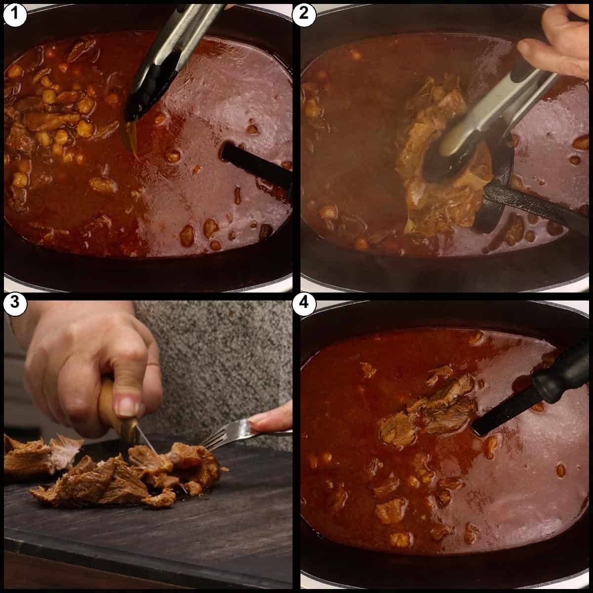 Numbered collage showing the pork bone being removed from the pot and any remaining meat being pulled off and returned to the pozole