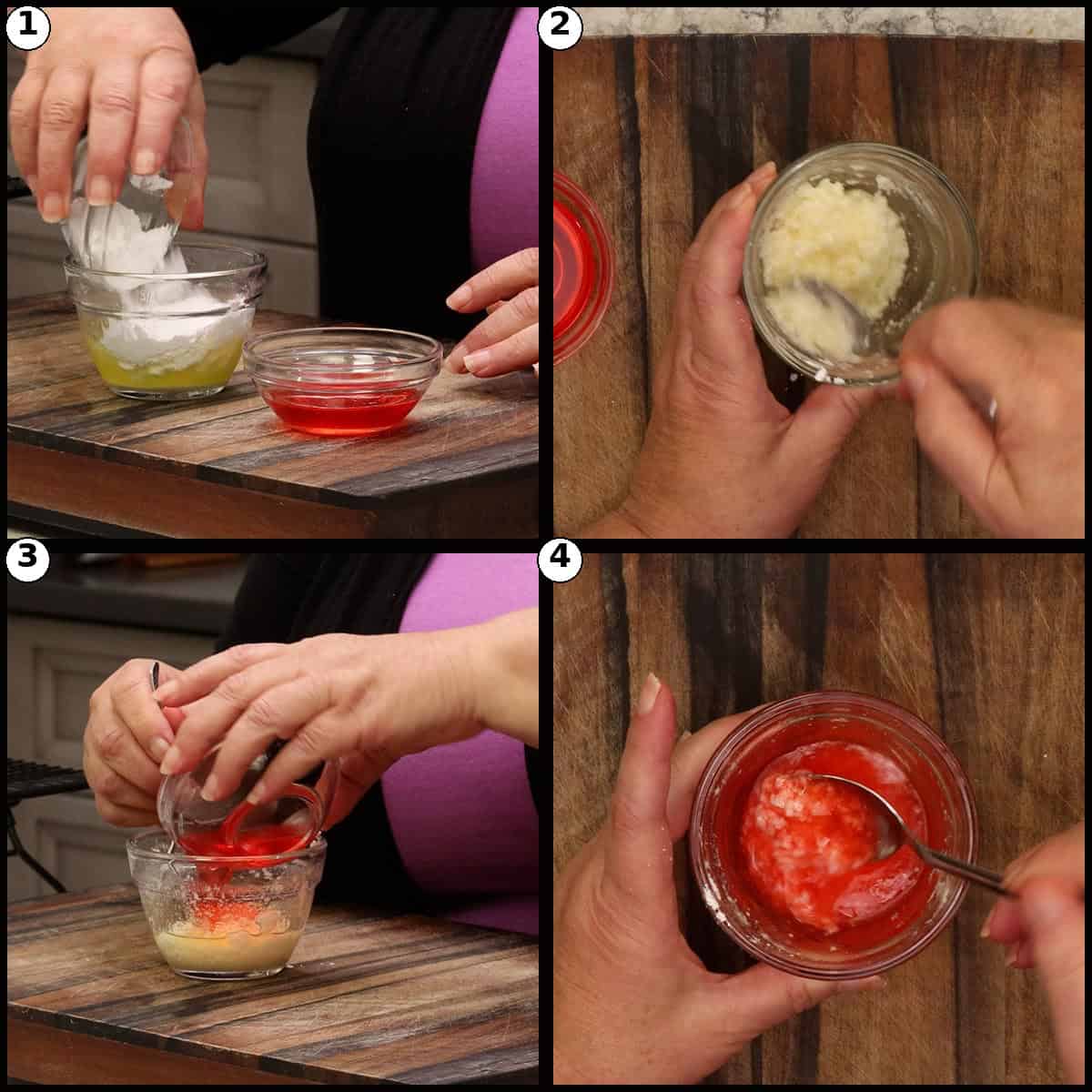 Step by step graphic for mixing the first cherry glaze for Cherry Bread. Panel 1, melted butter in a small bowl. Panel 2, sifted powdered sugar stirred into a smooth paste. Panel 3, maraschino cherry juice added. Panel 4, the silky pink glaze ready to pour.