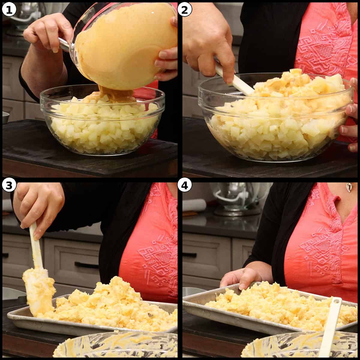 Numbered four panel step by step graphic showing warm cubed potatoes coated with dressing in a glass bowl, then spread out on a sheet pan to cool quickly for the Deviled Egg Potato Salad.