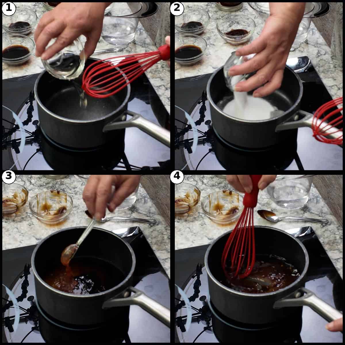Step-by-step graphic with four panels showing General Tso's sauce being made in a saucepan, with liquids and sugar added and whisked together over heat.
