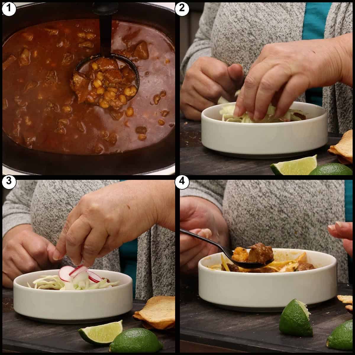 Numbered collage showing a bowl of pork pozole rojo being built with shredded cabbage, chopped onion, sliced radishes, cilantro, lime, and tortilla chips