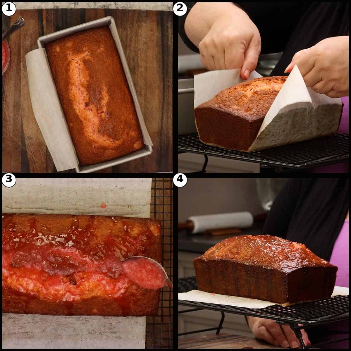 Step by step graphic for applying the first glaze to Cherry Bread. Panel 1, the baked loaf still in the pan. Panel 2, lifting the loaf out by the parchment handles to a wire rack. Panel 3, pouring the warm cherry glaze over the top of the loaf. Panel 4, the glaze soaking into the cracks in the warm loaf.