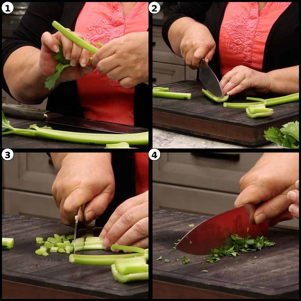 Numbered four panel step by step graphic showing celery stalks trimmed, sliced and diced, with celery leaves chopped on a cutting board for the Deviled Egg Potato Salad.