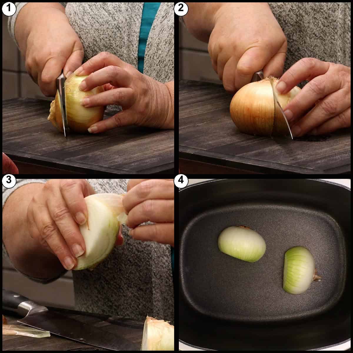 Step by step graphic for Pork Pozole Rojo showing how to prep a yellow onion by trimming the stem, slicing it in half, peeling the papery skin, and adding both halves to the cooker.