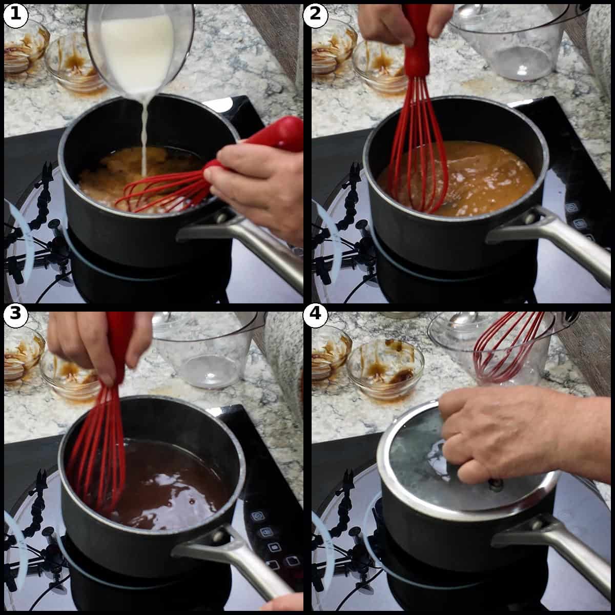 Step-by-step graphic with four panels showing a cornstarch slurry whisked into General Tso's sauce until it thickens into a glossy dark sauce.