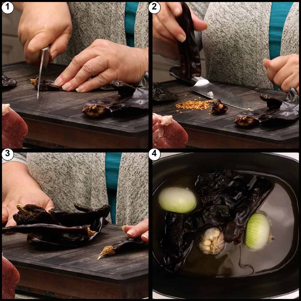 Step by step graphic for Pork Pozole Rojo showing dried chile peppers being trimmed, deseeded, gathered up, and added to the pot of broth with onion and garlic.