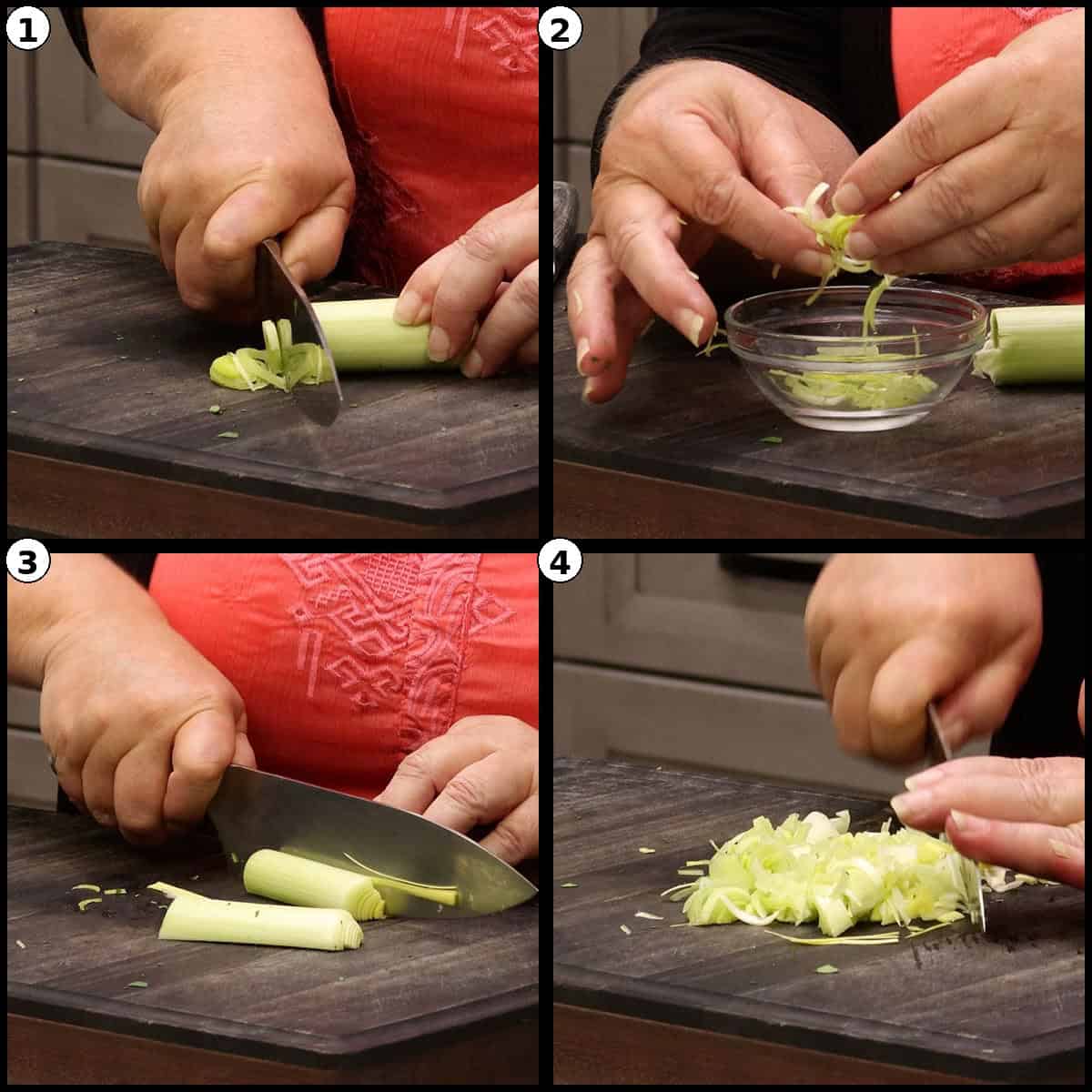Numbered four panel step by step graphic showing a leek sliced into thin ribbons for garnish and then diced on a cutting board for the Deviled Egg Potato Salad.