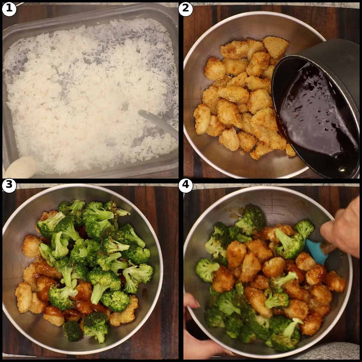 Step-by-step graphic with four panels showing fluffed rice, then crispy chicken and broccoli tossed together in General Tso's sauce in a metal bowl.