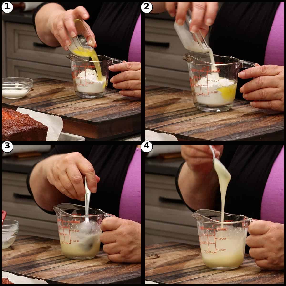 Step by step graphic for mixing the second white glaze for Cherry Bread. Panel 1, melted butter and half and half in a small bowl. Panel 2, sifted confectioners sugar added. Panel 3, optional cherry baking emulsion stirred in. Panel 4, the smooth white drizzle ready to pour.