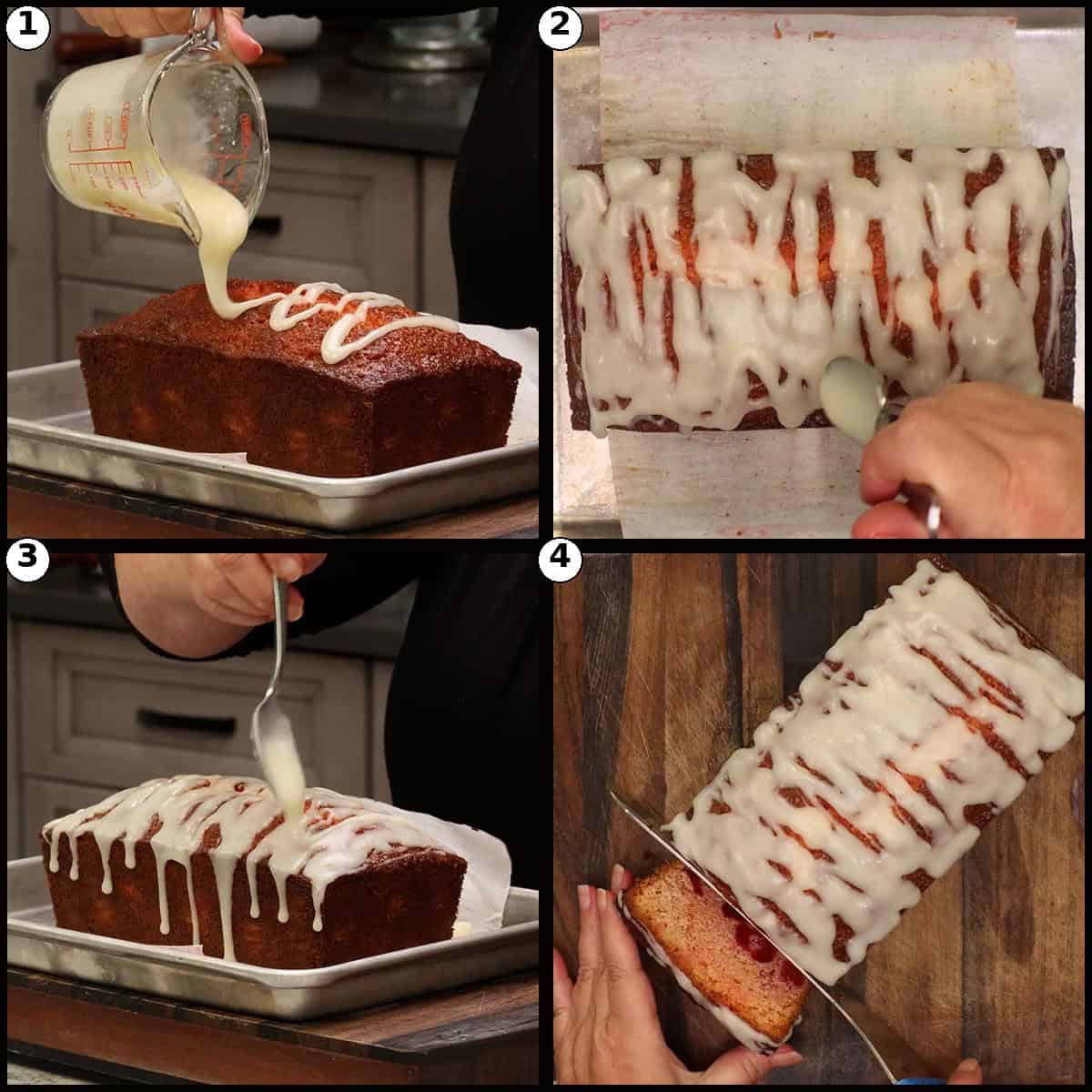 Step by step graphic for finishing Cherry Bread with white glaze. Panel 1, pouring the white drizzle over the cold loaf. Panel 2, the drizzle cascading down the sides. Panel 3, drizzling the other side of the loaf too. Panel 4, slicing the finished cherry bread with a serrated knife.