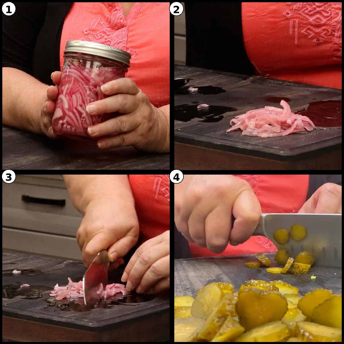 Numbered four panel step by step graphic showing a jar of pickled red onions, the onions chopped on a board, and dill pickles sliced for the Deviled Egg Potato Salad.