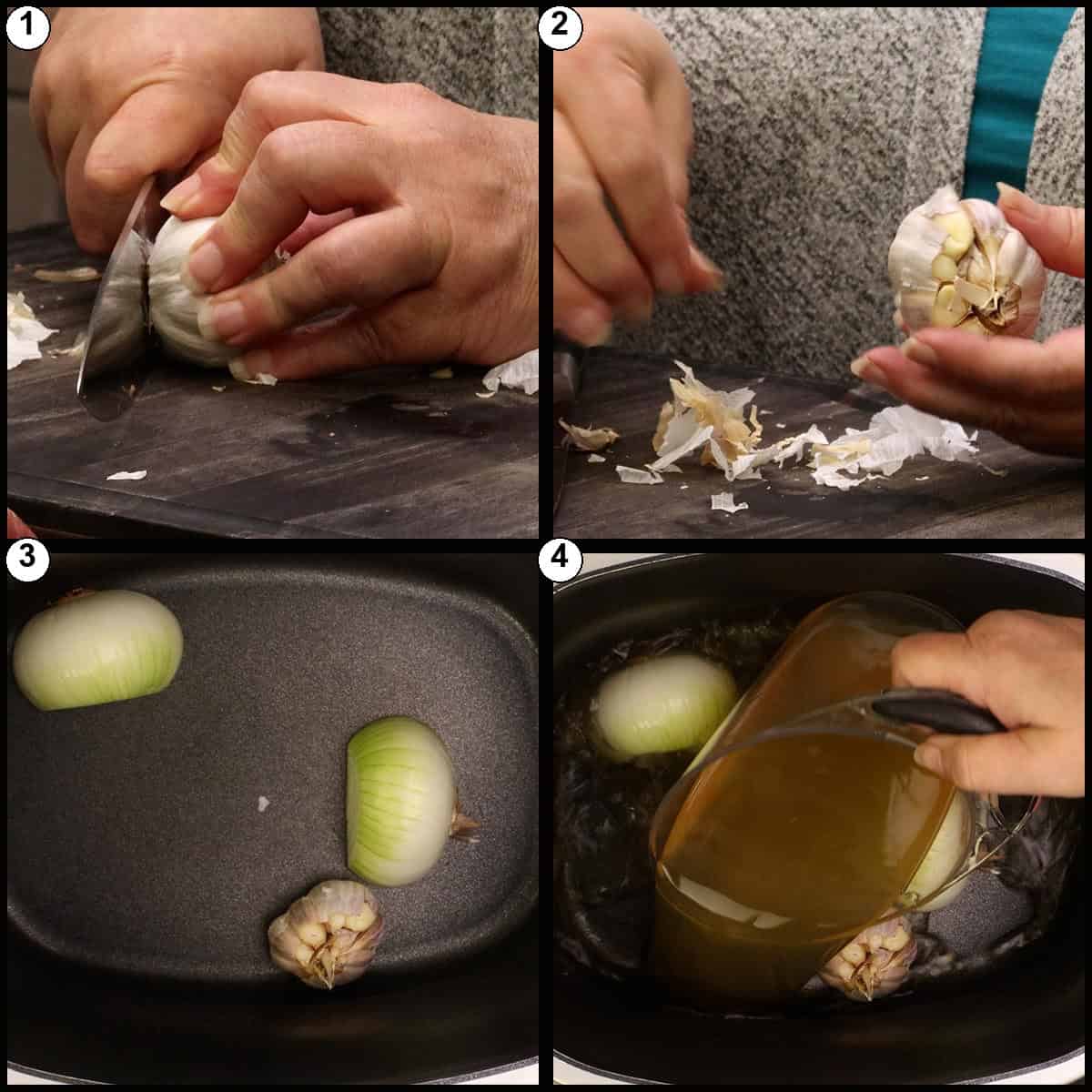 Step by step graphic for Pork Pozole Rojo showing a whole head of garlic being trimmed and peeled, then added to the slow cooker with the onion halves before the lid goes on.
