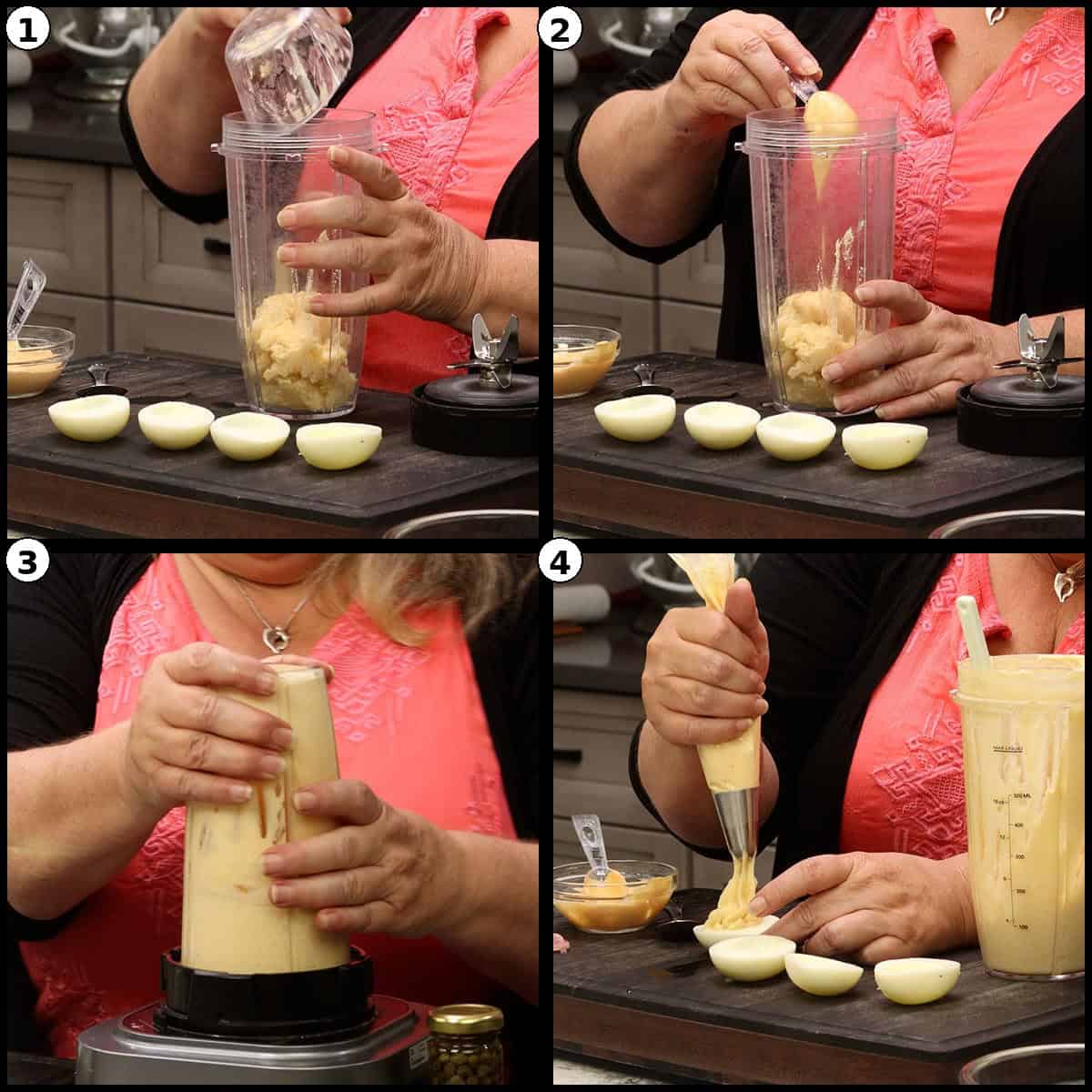 Numbered four panel step by step graphic showing egg yolk filling blended in a personal blender and piped into hard cooked egg white halves to make the deviled egg garnish for the Deviled Egg Potato Salad.