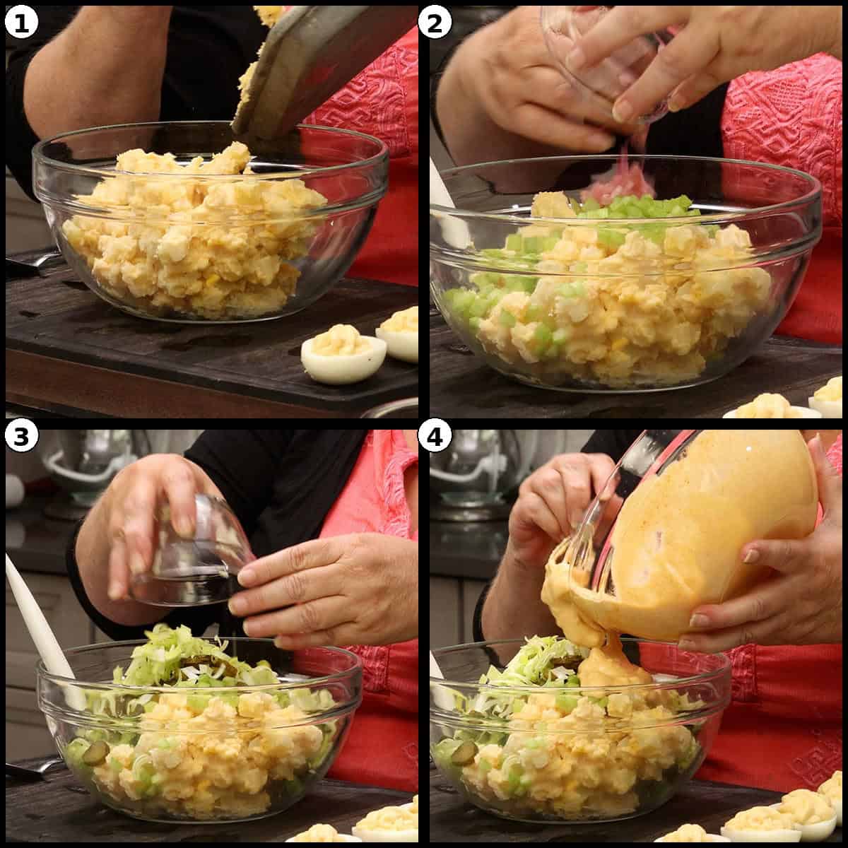 Numbered four panel step by step graphic showing diced potatoes, celery, leek and dressing added to a glass bowl of cooled Deviled Egg Potato Salad.